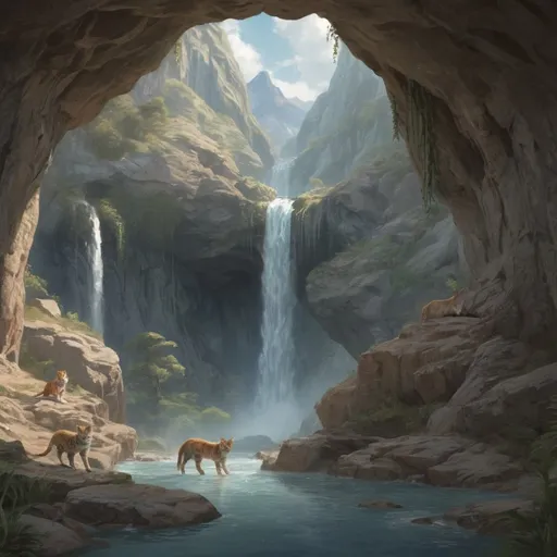 Prompt: Multiple warrior cats entering a cave with a waterfall, distant mountain background, serene atmosphere, high quality, realistic, detailed fur, natural colors, peaceful, detailed eyes, cave interior, flowing waterfall, distant mountains, serene, highres, ultra-detailed, realistic, peaceful atmosphere, natural colors, detailed fur, cave scenery, mountain background