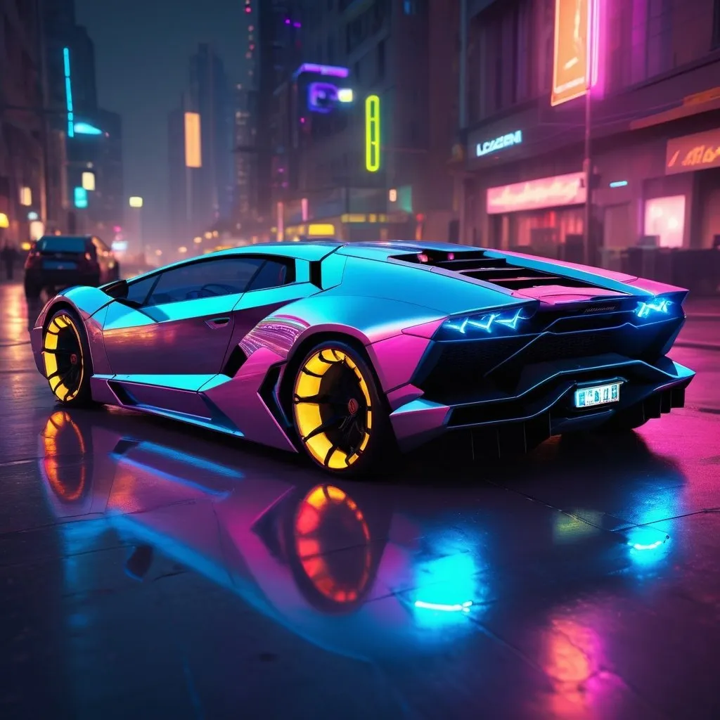 Prompt: 2047 futuristic Lamborghini, sleek and aerodynamic design, metallic finish with holographic accents, neon city lights reflecting off the car's surface, high-tech interior with glowing control panels, urban cyberpunk setting, intense and focused headlights, best quality, highres, ultra-detailed, futuristic, cyberpunk, sleek design, metallic finish, neon lights, high-tech interior, professional, atmospheric lighting