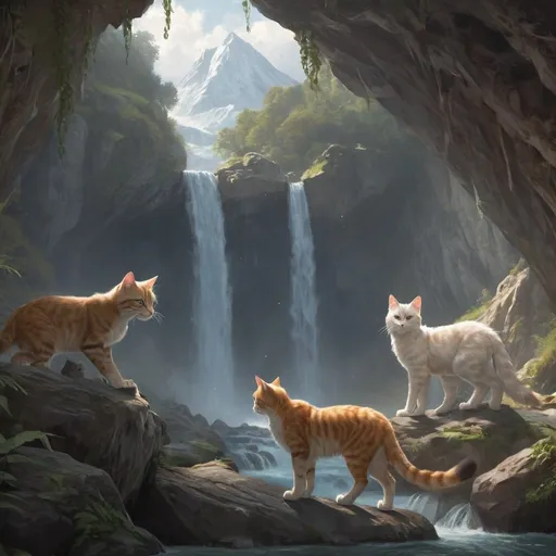 Prompt: four different warrior cats entering a cave with a waterfall, distant mountain background, serene atmosphere, high quality, realistic, detailed fur, natural colors, peaceful, detailed eyes, cave interior, flowing waterfall, distant mountains, serene, highres, ultra-detailed, realistic, peaceful atmosphere, natural colors, detailed fur, cave scenery, mountain background, fallen tree crossing over river