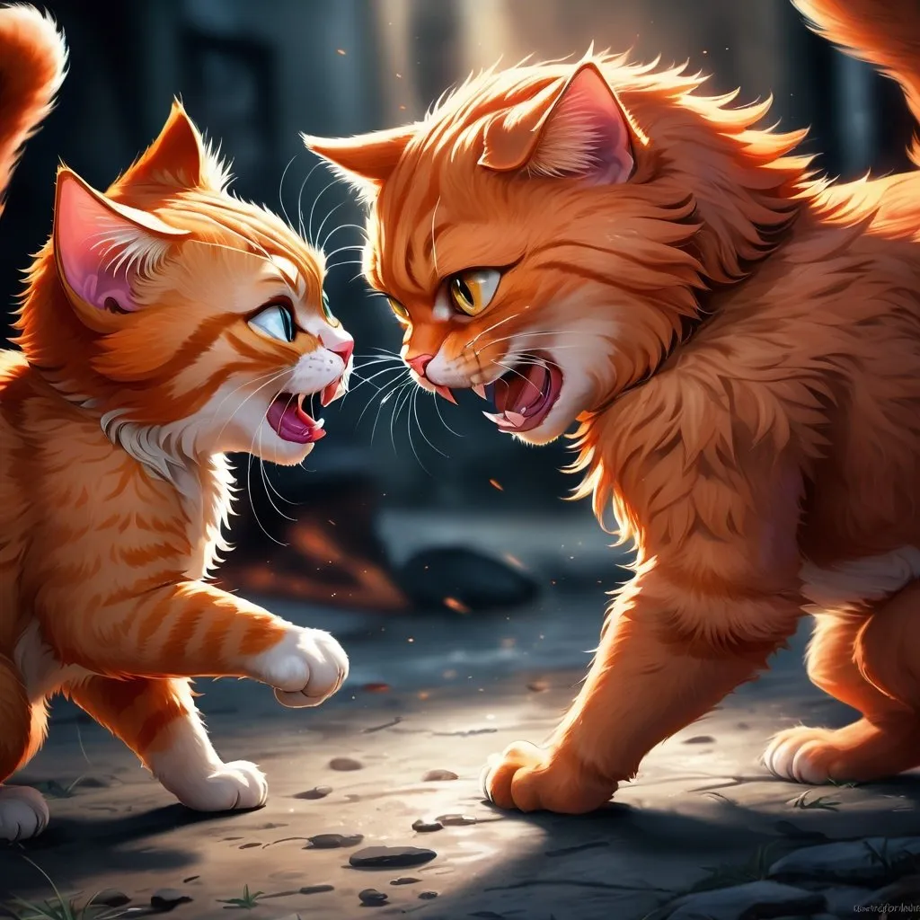 Prompt: High-quality digital art of an intense battle between an fierce orange cat and a dark tabby cat, realistic fur with intense expressions, dramatic lighting and shadows, digital painting, detailed eyes, fur, and claws, intense, dramatic, realistic, cats, battle, intense expressions, digital art, dramatic lighting, fierce, high-quality, detailed fur, realistic eyes, intense shadows, dramatic fight