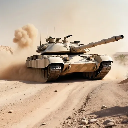 Prompt: Abrams tank shooting T-72 from a mile away, military camouflage, dusty desert terrain, realistic, highres, intense action, military, military camouflage, detailed tank, detailed T-72, dusty terrain, explosive impact, military, realistic lighting