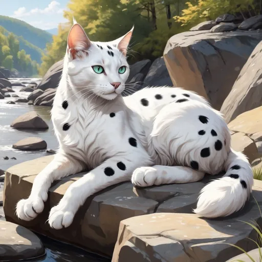 Prompt: White warrior cat with black spots and paws sunning herself on rock big flat rock near river, drawing paw over ear, majestic masterpiece, perfect, unique, lovely, semi-realistic, lore accurate