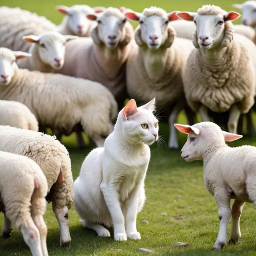 Prompt: youngish cat gazing curiously at a flock of sheep