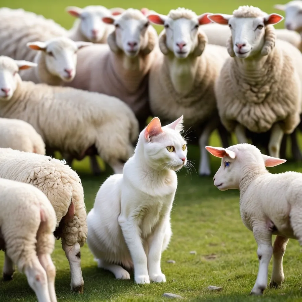 Prompt: youngish cat gazing curiously at a flock of sheep