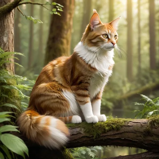 Prompt: Skyclan leader Leafstar in a lush forest, detailed fur with warm reflections, thoughtful gaze, natural lighting, high quality, detailed eyes, professional, traditional art, forest setting, amber eyes, 
brown and cream tabby fur, peaceful atmosphere, leader, detailed environment, calm and serene, thoughtful expression, she-cat, sitting on branch