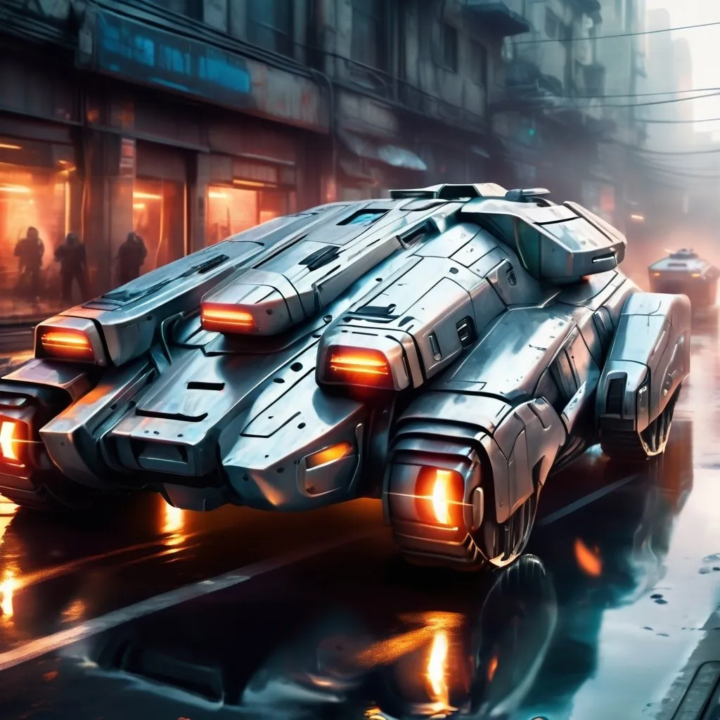 Prompt: Futuristic cyber tank, metallic texture with sleek reflections, urban battleground, high-tech weaponry, heavy armor plating, dynamic and intense action, high quality, sci-fi, futuristic, metallic tones, intense lighting