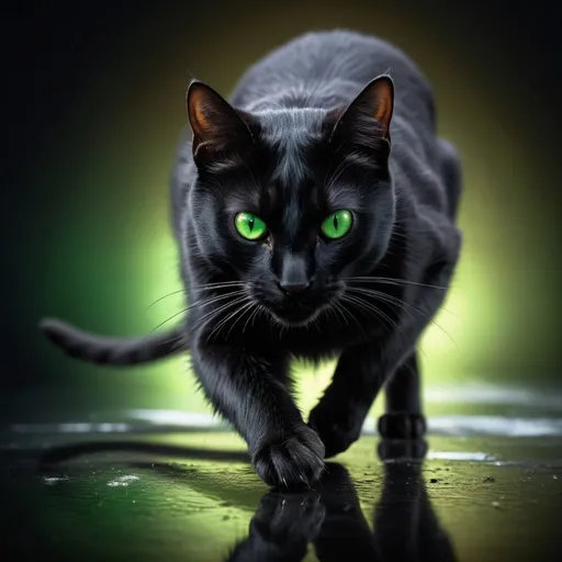 Prompt: Black cat with striking green eyes pouncing on a mouse, detailed fur with cool reflections, intense and focused gaze, best quality, highres, realistic, detailed eyes, sleek design, professional, dim lighting, hunting, predator-prey dynamic, dark and moody atmosphere, close-up shot