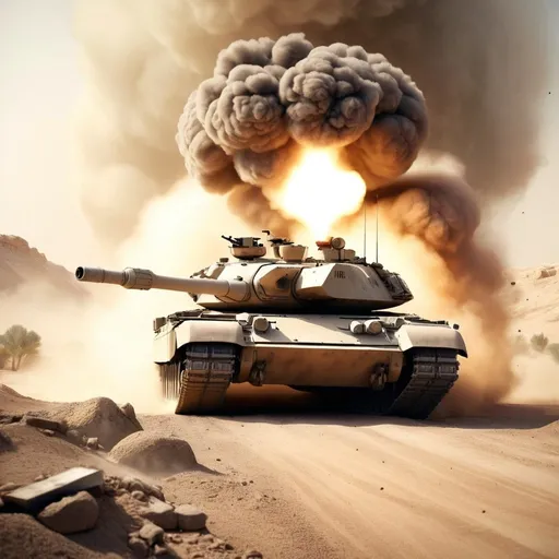 Prompt: Abrams tank shooting T-72 from a mile away, military camouflage, dusty desert setting, high-impact explosion, realistic rendering, detailed textures, intense action, warzone atmosphere, high quality, military realism, dusty tones, explosive lighting
