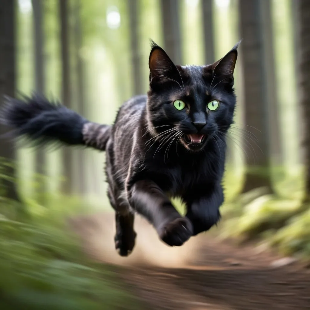 Prompt: young warrior cat with black fur and green eye running fast through the trees, away from viewer, rush, action, slight motion blur, lush oak forest