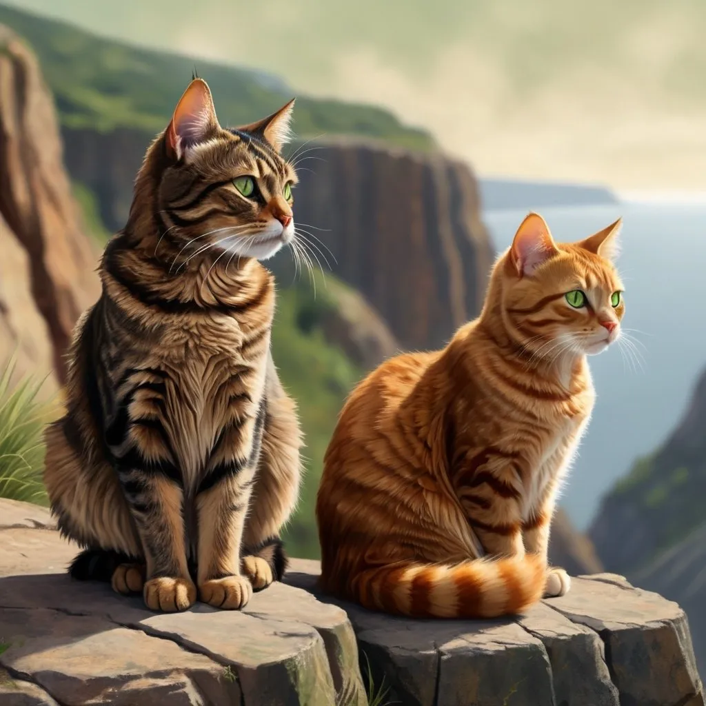 Prompt: Realistic digital painting of a dark brown tabby boy-cat with amber eyes and a dark ginger she-cat with green eyes sitting side by side on a cliff, detailed fur with realistic textures, natural lighting, high quality, realistic, detailed eyes, scenic cliff setting, earthy tones, realistic fur, amber and green eyes, professional, natural lighting