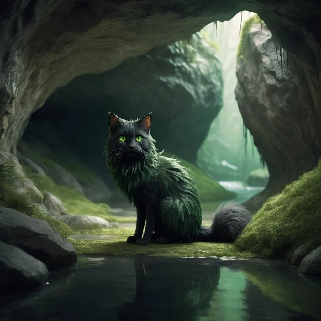 Prompt: Detailed illustration of Hollyleaf, 
large circular underground cave with medium sized river in the middle, sad green eyes, long soft fur, bushy tail, 3D rendering, natural textures, detailed surroundings, high quality, realistic, mystical, cool tones, atmospheric lighting, detailed facial features, serene atmosphere, alone, realistic