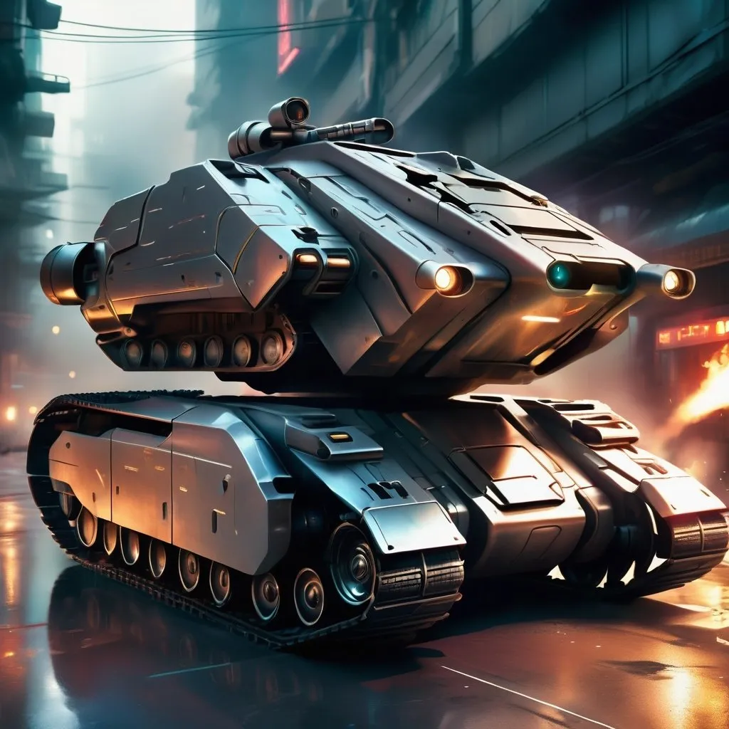 Prompt: Futuristic cyber tank, metallic texture with sleek reflections, urban battleground, high-tech weaponry, heavy armor plating, dynamic and intense action, high quality, sci-fi, futuristic, metallic tones, intense lighting