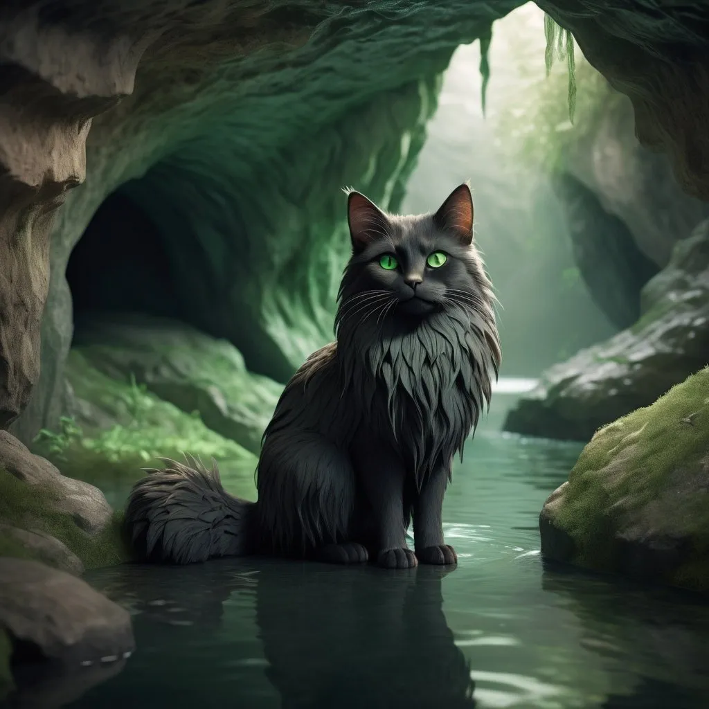 Prompt: Detailed illustration of Hollyleaf, 
circular underground cave with river in the middle, sad green eyes, long soft fur, bushy tail, 3D rendering, natural textures, detailed surroundings, high quality, realistic, mystical, cool tones, atmospheric lighting, detailed facial features, serene atmosphere, alone