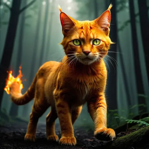 Prompt: Warrior cat Firestar going into battle with his clan against the dark forest warriors