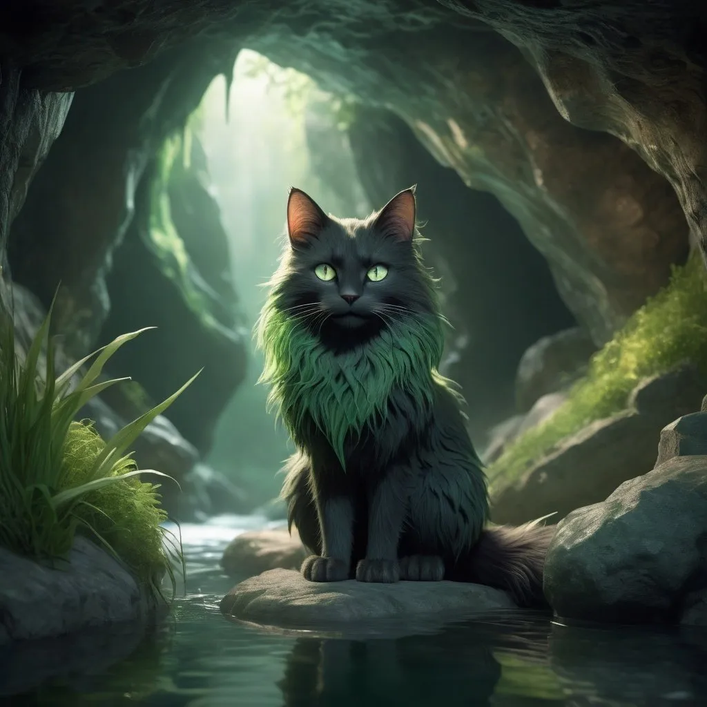 Prompt: Detailed illustration of Hollyleaf, underground cave with river, green eyes, long soft fur, bushy tail, 3D rendering, natural textures, detailed surroundings, high quality, realistic, mystical, cool tones, atmospheric lighting, detailed facial features, serene atmosphere