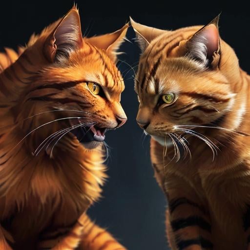 Prompt: High-quality digital art of an intense battle between an fierce orange cat and a dark tabby cat, realistic fur with intense expressions, dramatic lighting and shadows, digital painting, detailed eyes, fur, and claws, intense, dramatic, realistic, cats, battle, intense expressions, digital art, dramatic lighting, fierce, high-quality, detailed fur, realistic eyes, intense shadows, dramatic fight