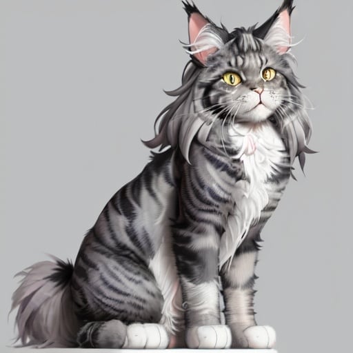Prompt: Maine coon cat with gray fur and dark grey stripes