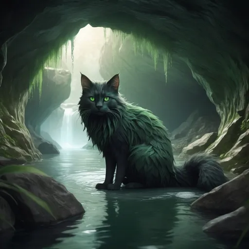 Prompt: Detailed illustration of Hollyleaf, 
giant circular fully underground cave with large fast flowing river river in the middle, sad green eyes, long soft fur, bushy tail, 3D rendering, natural textures, detailed surroundings, high quality, realistic, mystical, cool tones, atmospheric lighting, detailed facial features, serene atmosphere, alone, realistic