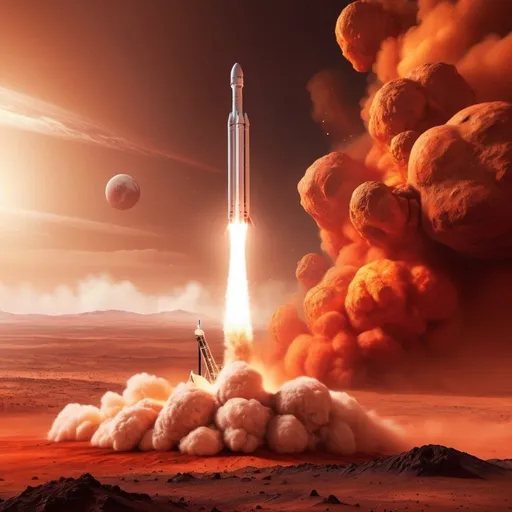 Prompt: SpaceX rocket launch to colonize Mars, realistic digital illustration, intense fiery blast, red and orange tones, detailed rocket design with SpaceX logo, billowing smoke and flames, futuristic Mars colony in the distance, high quality, ultra-detailed, realistic, intense lighting, sci-fi, space exploration, rocket launch, Mars colonization