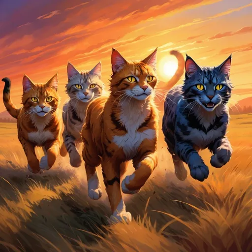 Prompt: five running warrior cats on open field, distant sunset on the horizon, dynamic motion, vibrant colors, high quality, painted illustration, fantasy, epic, warm tones, dynamic lighting, detailed fur, wilderness, determined expressions, powerful, fierce, action-packed