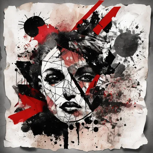 Prompt: Trash polka tattoo, abstract geometry, lines, dots groups, Ink Splash, mixing realistic and sketch images, collage torn red highlights, cut old paper backdrop, bold brushstroke, gritty texture,