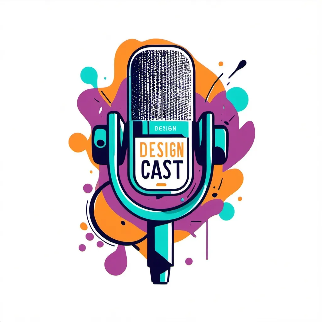 Prompt: Illustrated T-shirt design of a podcast microfone, with abstract colors, with the words "Design Cast" writen, in the background, vector, solid white background, simple color palette