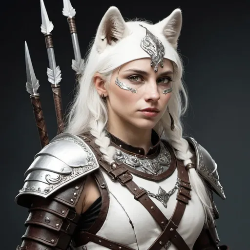 Prompt: white wolf Humaniod Female. wearing leather armour carrying a Show bow