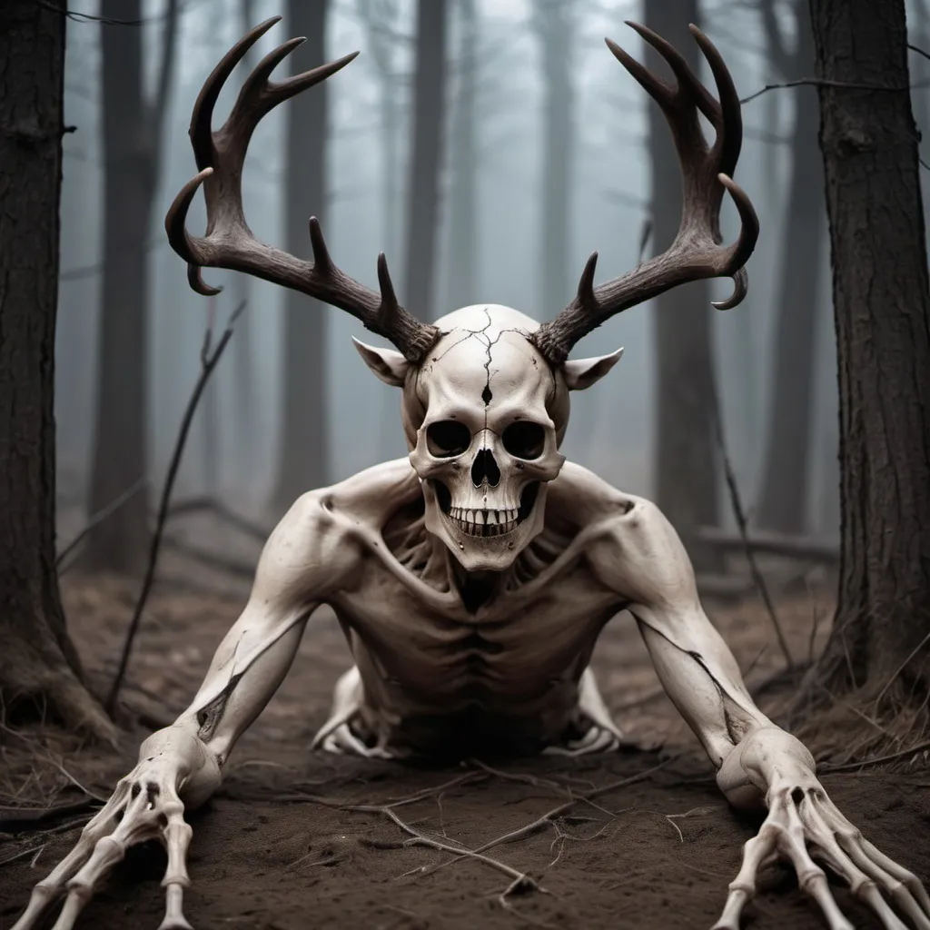 Prompt: Wendigo. Empty eyes. Antlers too large for human skull. Burlap and leather stretched tightly over sharp bones that stick out, dead boney hand reaching for you, broken body lies on the ground next to the fiend 
