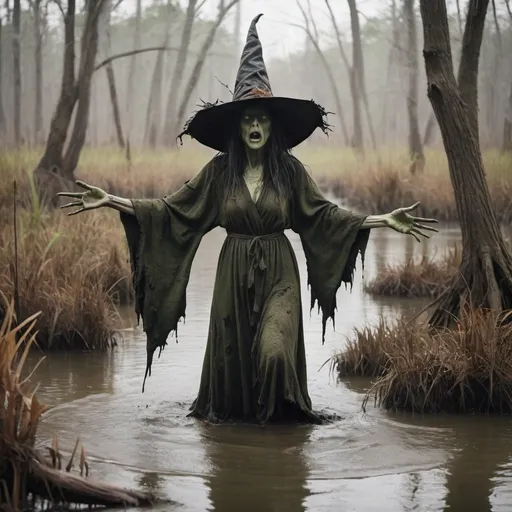 Prompt: Swamp witch in tattered robe and pointy hat floating just above the ground hands reaching out for children running away in fear 