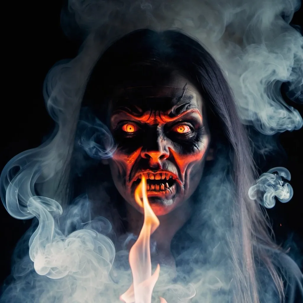 Prompt: Demon face in the Smoke rising from burning witch 