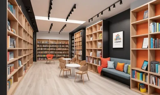 Prompt: Engaging modern bookstore interior with cozy reading nooks, vibrant bookshelves, inviting ambiance, diverse English language audiobooks, innovative language learning resources, high quality 3D rendering, modern, cozy nooks, vibrant, inviting, diverse audiobooks, innovative resources, language learning, English, bookstore, high quality, 3D rendering