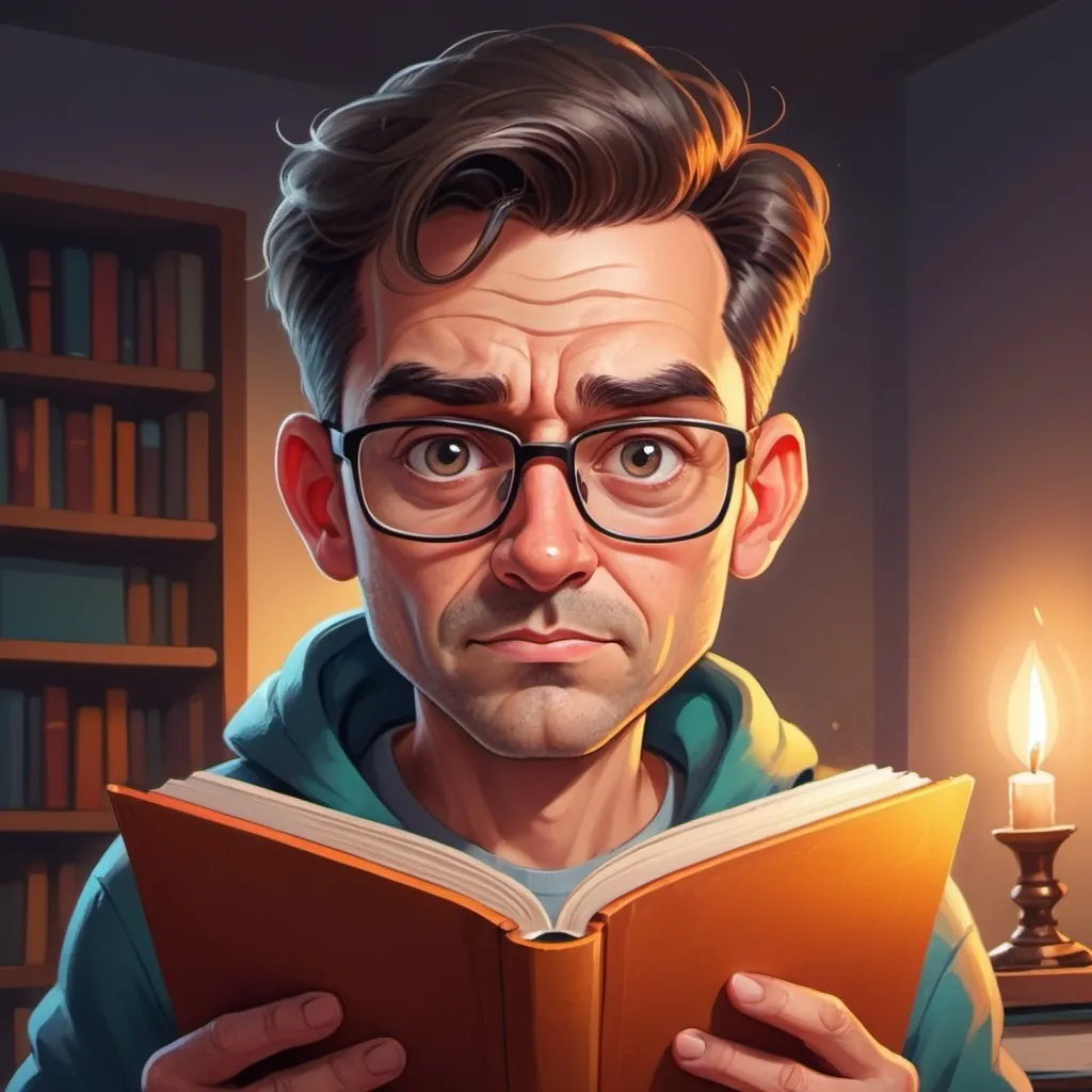 Prompt: I need a profile picture for a storytelling youtube channel.  I want the picture to be a cartoon of an adult with a serious but not sinister expression on their face. they should be holding a book.