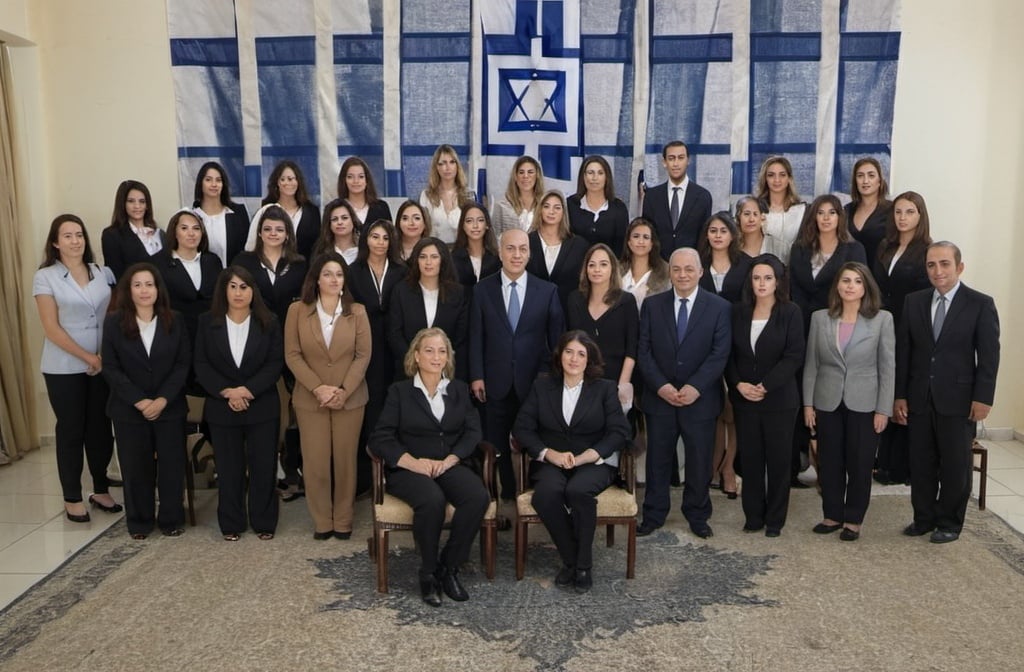 Prompt: A group of 30 women are standing in an official photo with the Israeli flag behind them and they are in a room of a respected establishment. They are all wearing suits. In the center among the people are two women sitting on a chair