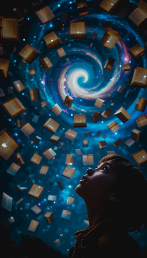 Prompt: Arounding books in the sky and kid looks at with curiosity, mysterious and fantasy feel