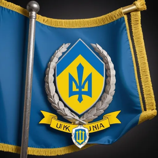 Prompt: Military Guidon with Ukrainian Flag in the background and a unit crest in the center