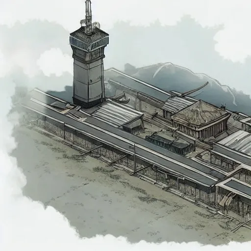 Prompt: a station in Japan in the architectural style of the Tokyo station the station is on 2 floors and has a control tower of 3 floors there are 2 outdoor quai on which there are carcasses of wagons the illustration must be made in the style of mutant year zero