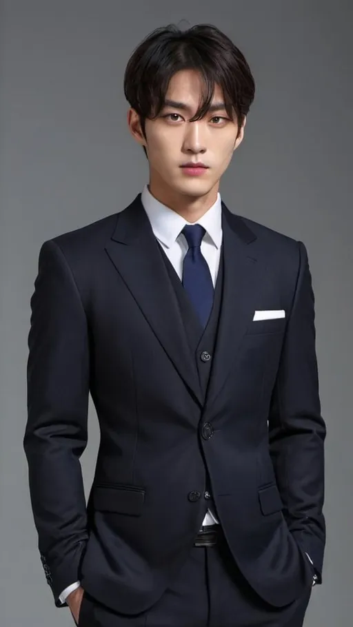 Prompt: Korean, Male, Black navy suit, Button up, Dark navy color tie, Bangs down, Wide shoulders, White gloves