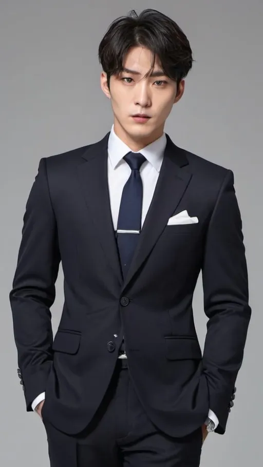 Prompt: Korean, Male, Black navy suit, Button up, Dark navy color tie, Bangs down, Wide shoulders, White gloves