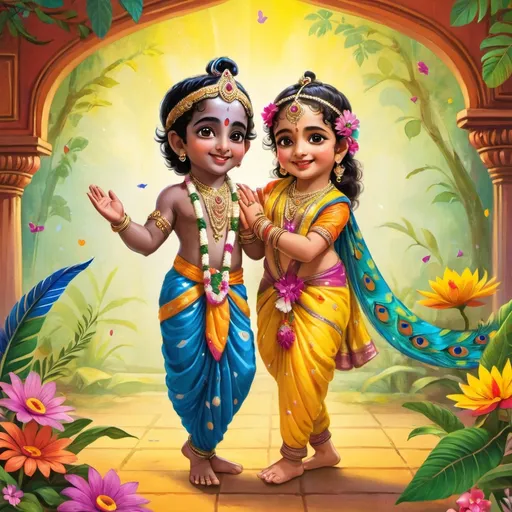 Prompt: An animated picture of Radha and Krishna as children, looking adorable and playful. Radha is dressed in a vibrant, colorful saree with intricate floral patterns, while Krishna wears a simple yellow dhoti and a peacock feather in his hair. They are holding hands, smiling joyfully, and surrounded by a lively, colorful background. The scene features cute animals like baby peacocks, bunnies, and squirrels playing around them. The background includes lush green fields, blooming flowers, and a rainbow in the sky. Everything in the image is glowing with warmth and happiness, giving off positive, cheerful vibes.