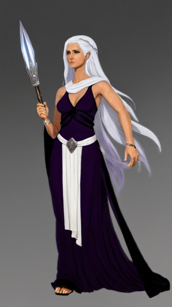 Prompt: Ordaena; Goddess of Law & Order Greek/Valyrian inspired. make sure she has silver hair with a streak of black hair and purple eyes, make her appear smart looking but wearing more revealing clothes