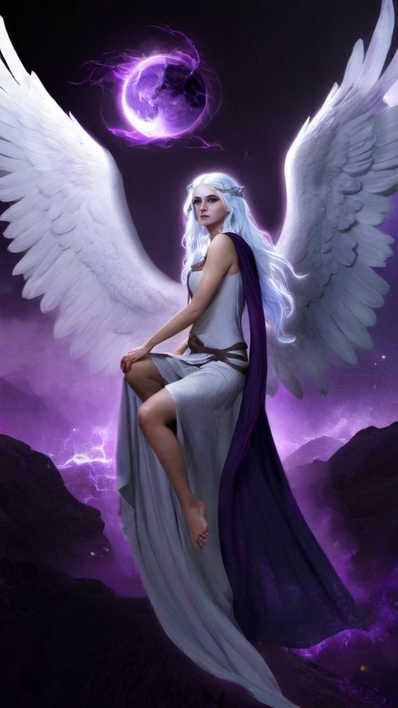 Prompt: Faerya; Goddess of the Supernatural & Paranormal Greek/Valyrian inspired. make sure she has silver hair and purple eyes, make her slightly transparent and floating. make it dark and mysterious. FULL BODY