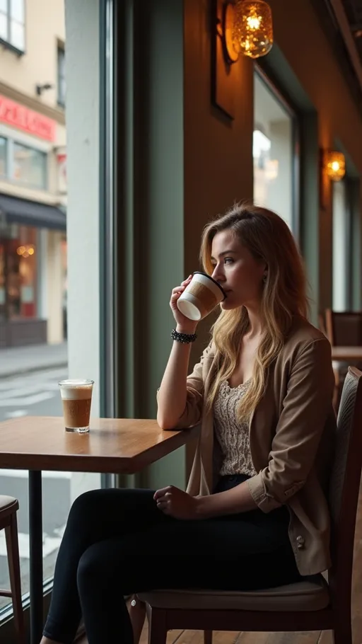 Prompt: a woman sitting in a chair drinking a beverage from a cup in a restaurant with a view of a store, Abidin Dino, aestheticism, alluring, a stock photo