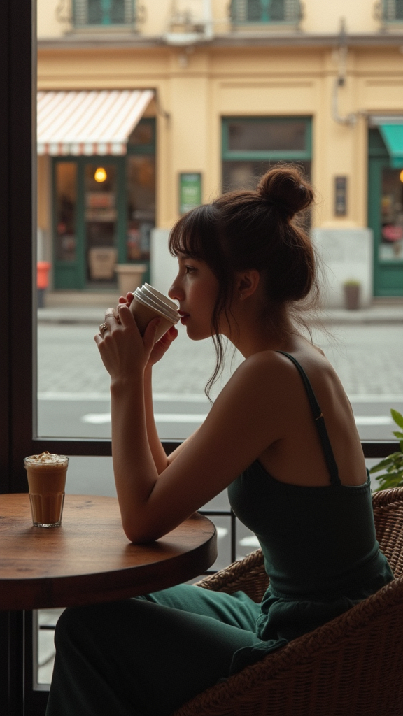 Prompt: a woman sitting in a chair drinking a beverage from a cup in a restaurant with a view of a store, Abidin Dino, aestheticism, alluring, a stock photo