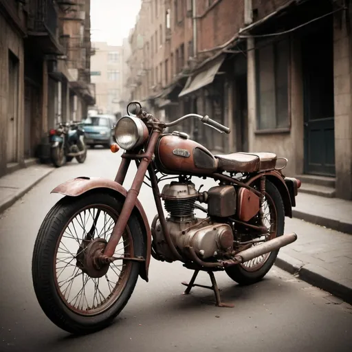 Prompt: create me  a image of an old motor bike in a city scape
