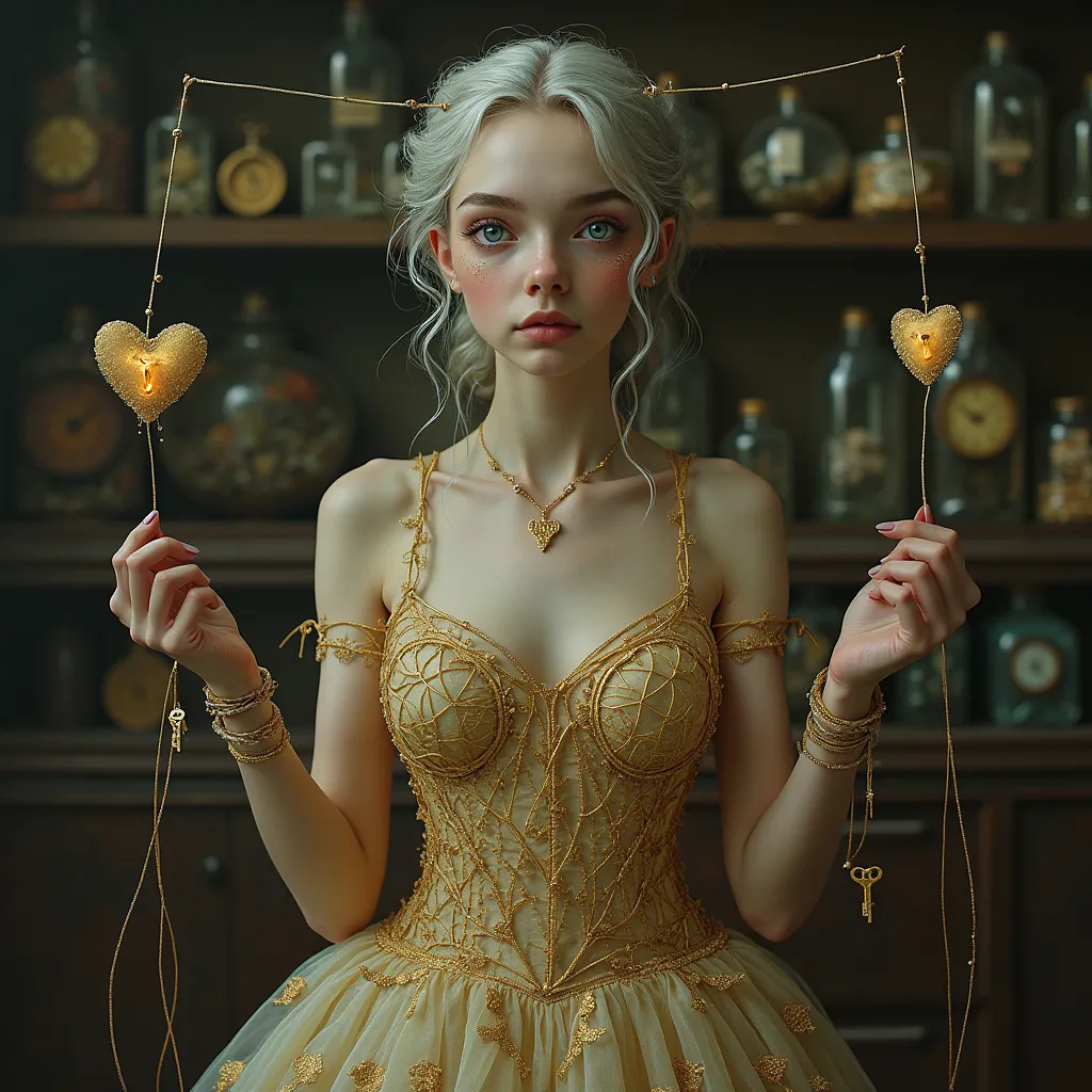 Prompt: Una mujer de edad indeterminada con vestido hecho de hilos dorados y plateados entrelazados. Sus ojos cambian de color según el estado emocional de quien la mira. En sus manos, agujas que cosen el aire, dejando atrás finos hilos luminosos que forman figuras (corazones rotos, relojes, llaves). Fondo: una habitación con estanterías de frascos que guardan lágrimas etiquetadas. Estilo: realismo mágico con detalles de arte clásico."