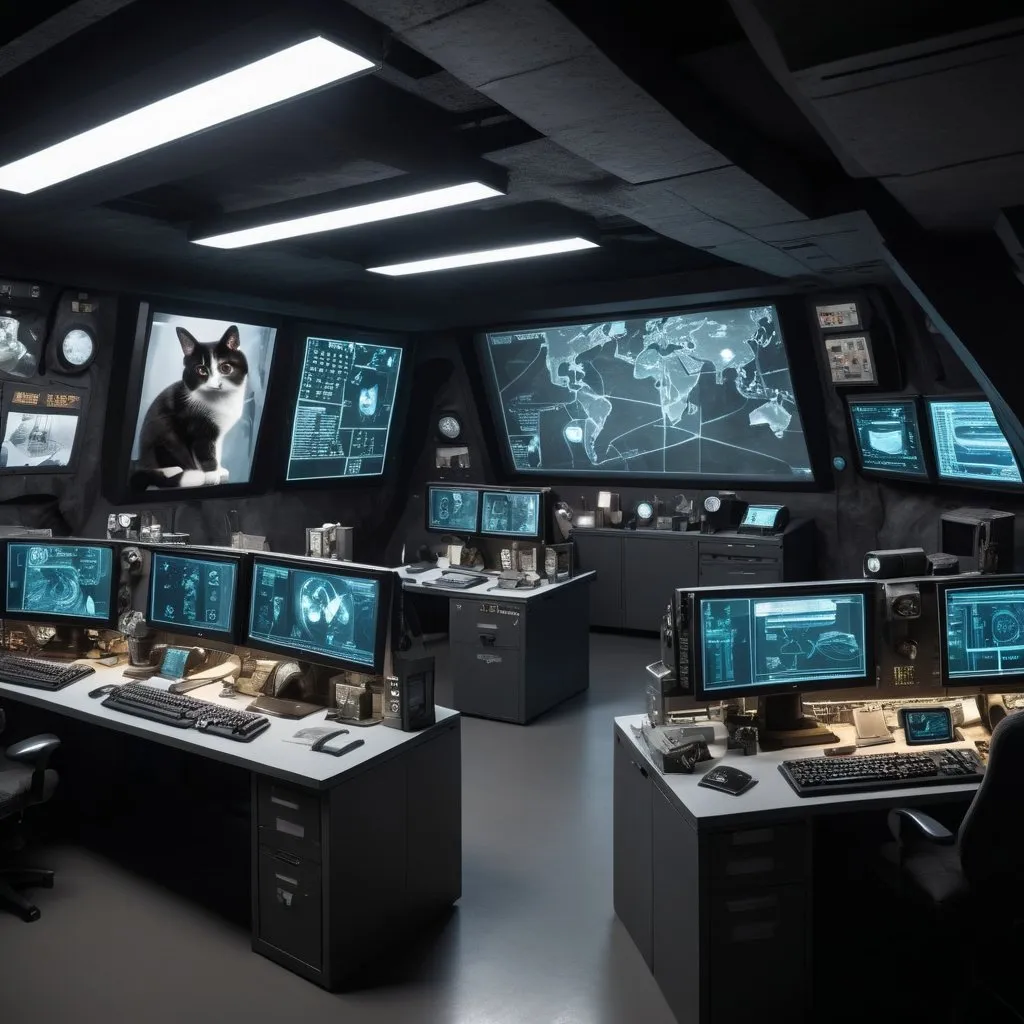 Prompt: high-tech interior of an underground cat-themed spy agency's command center, big base