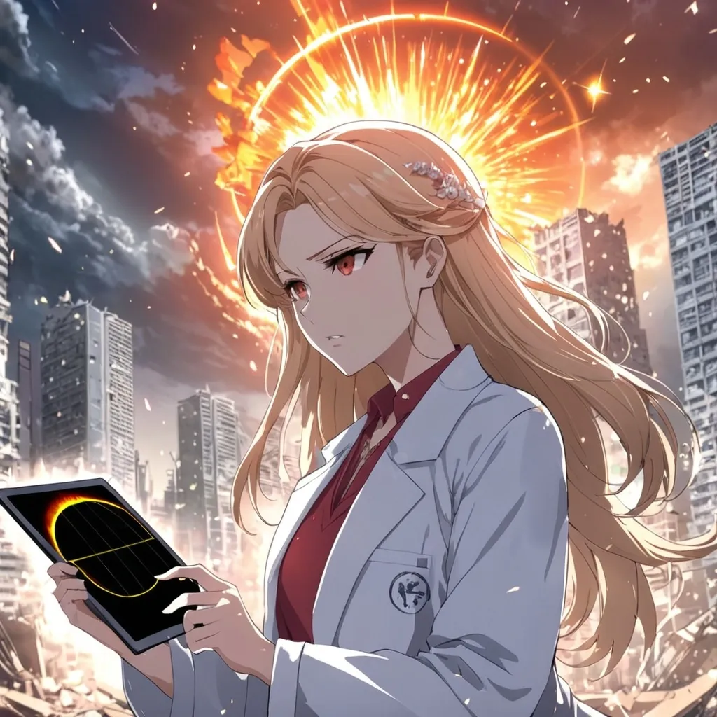 Prompt: Show a woman in the center, looking determined, with her lab coat slightly tattered, and a backdrop of shattered buildings. She is holding a tablet or a device displaying solar activity graphs, with a faint glow emanating from the screen.Include a skyline of a devastated city, with debris scattered around and ominous clouds swirling in the sky. A large solar flare can be depicted in the sky, illuminating the scene with fiery oranges and reds.