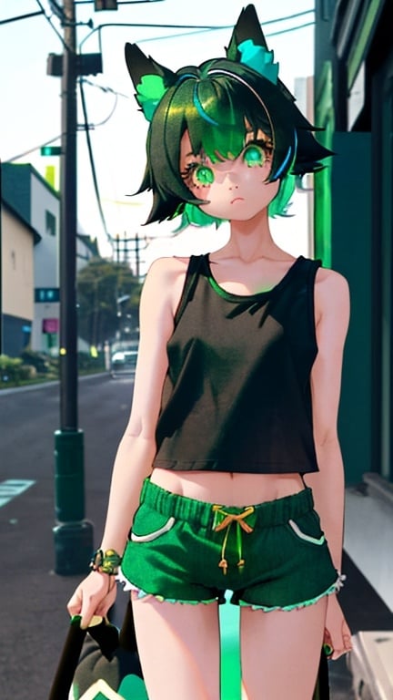 Prompt: Cute petite human, dog girl with black, blue and green highlights, wearing loose short shorts and loose tanktop