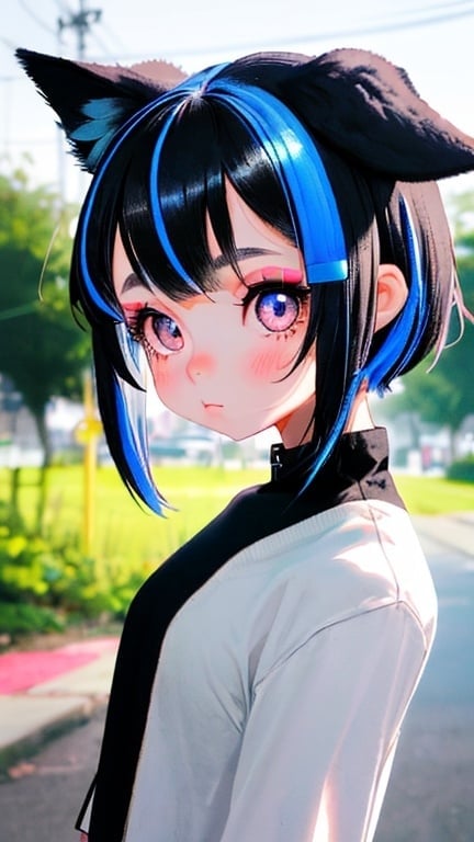 Prompt: Cute petite human, dog girl with black and blue highlights looking to the side, bareskin.