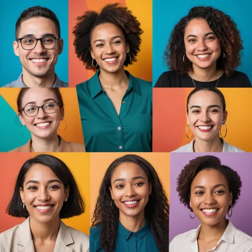 Prompt: Portraits of individuals from various ethnic backgrounds smiling confidently against colorful backdrops, promoting inclusivity in workplaces